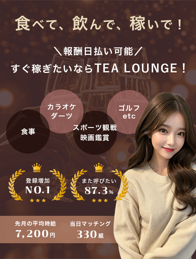 報酬日払い可能！すぐ稼ぎたいならTEA LOUNGE！登録増加ナンバーワン、また呼びたい87.3%。先月の平均時給7200円、当日マッチング330組